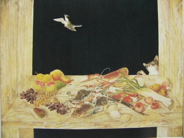 藤田嗣治、【猫のいる静物】、希少な画集より、新品高級額・額装付