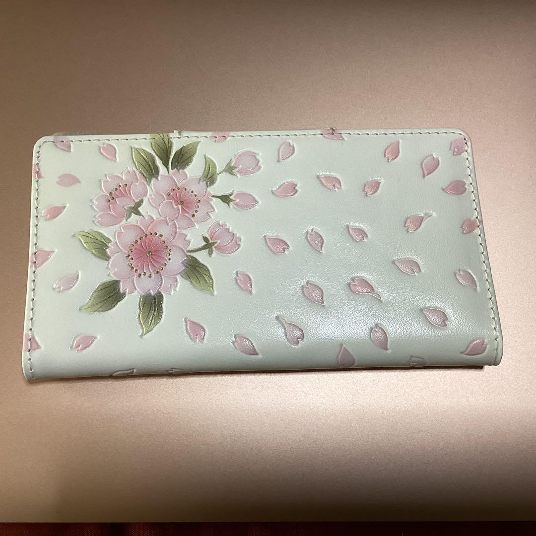 未使用　浅草文庫　スマホケース　八重桜　文庫革