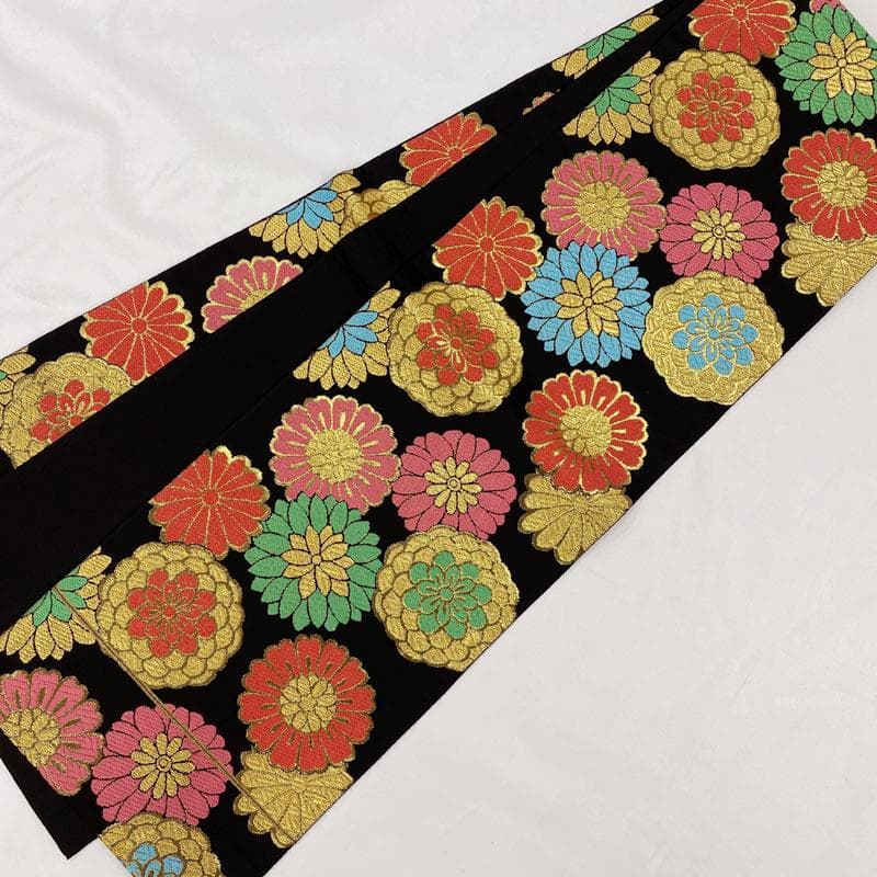 411ag69◎川島織物 七五三 7歳 全通袋帯 ハーフ成人式 菊 黒◎美品