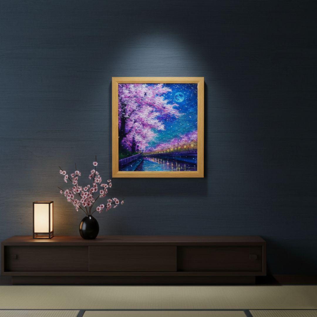 真作】油絵「青い満月の夜桜」原画 額装済み 幻想的な風景画 ギフトに
