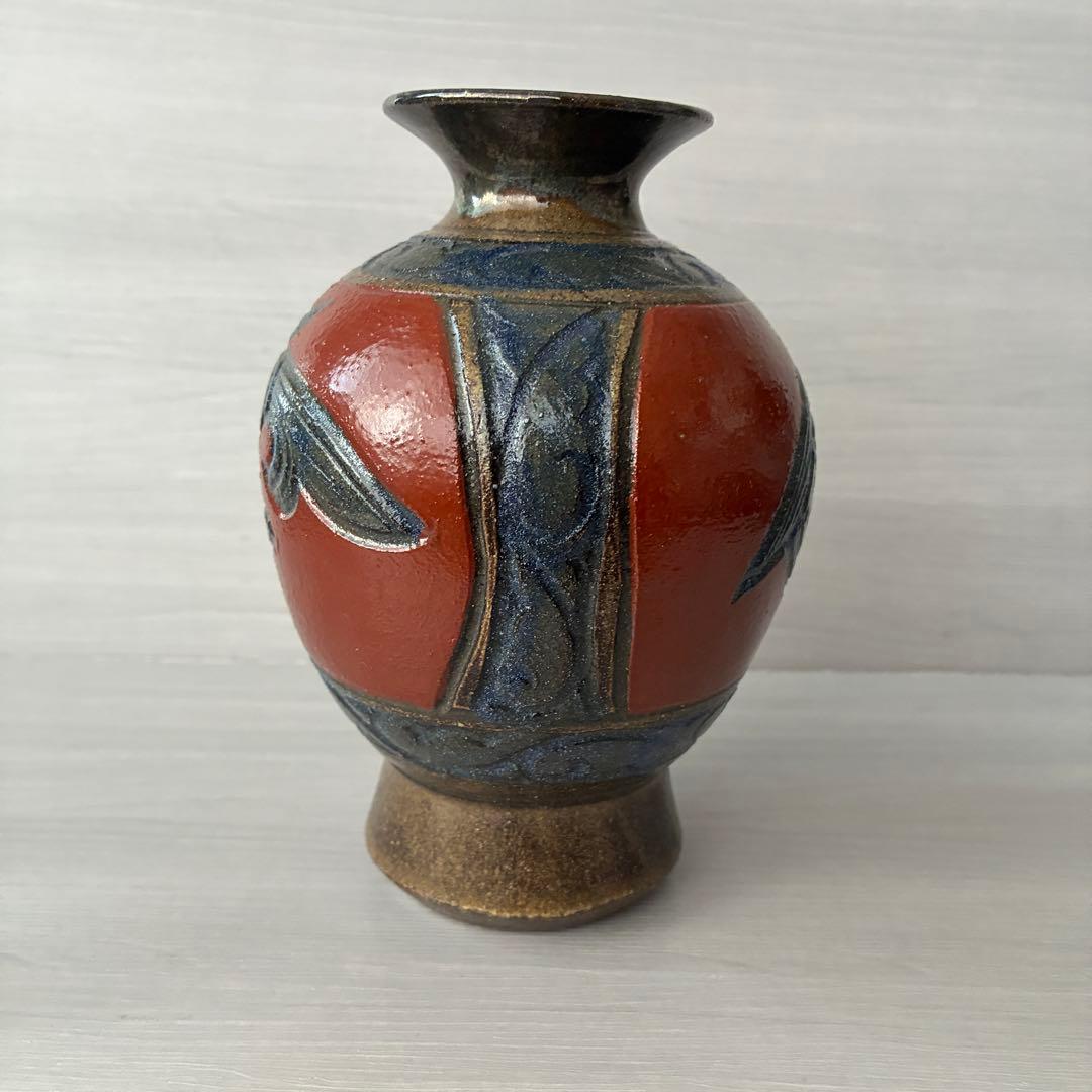 壺屋焼 小橋川清正 赤絵 魚紋 花瓶 沖縄 花器 インテリア 壺 工芸品