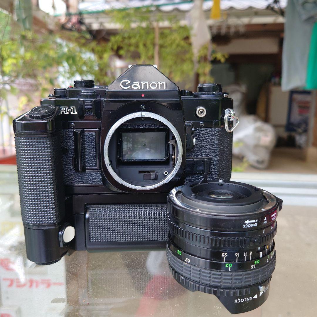 CanonA-1 フィルムカメラ　モータードライブ　シグマ16mmレンズ付き