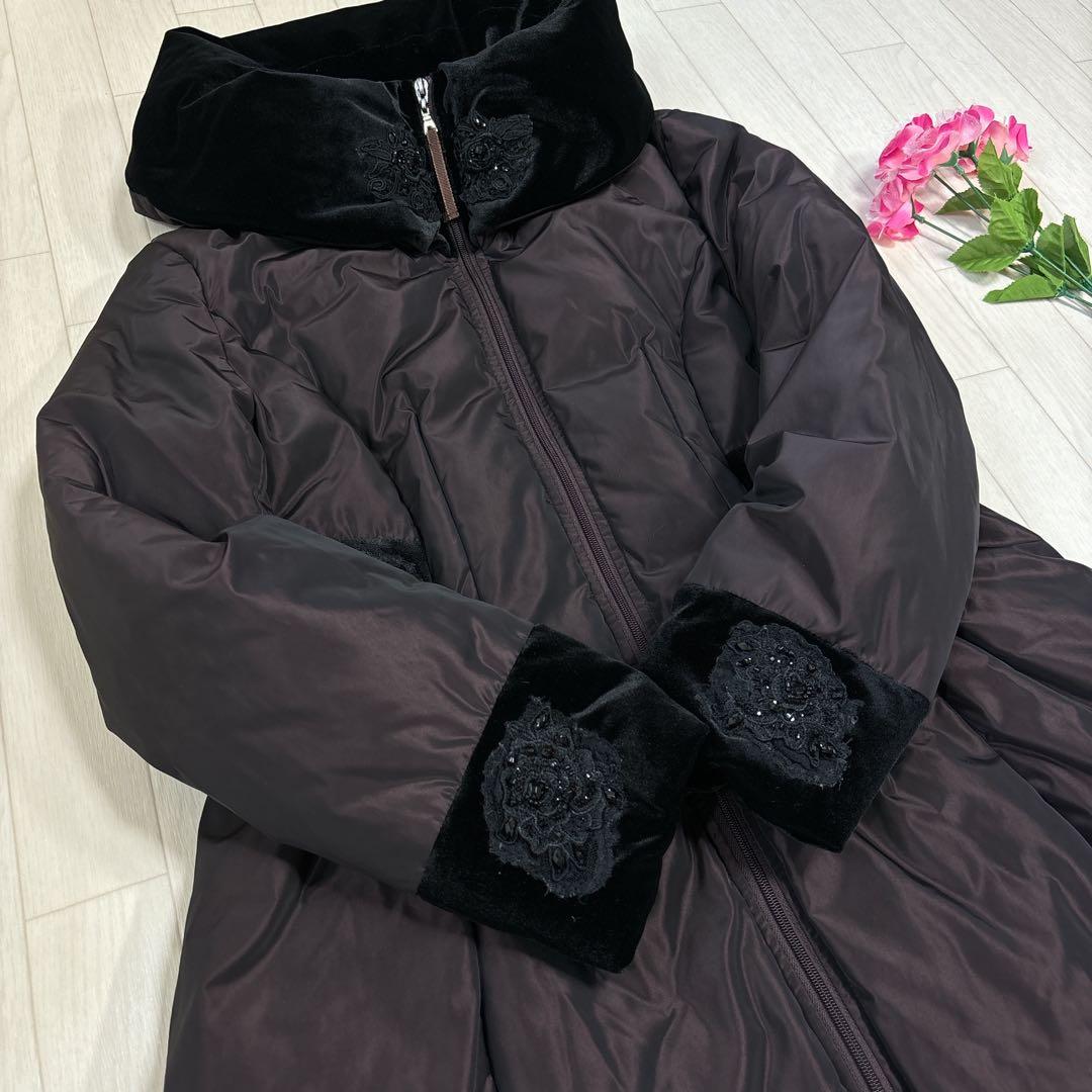 美品 スーパービューティー 42 ダウンコート レース ビジュー装飾