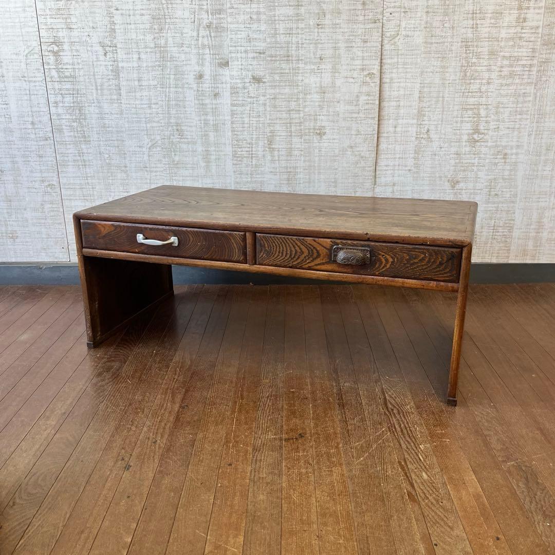 アンティーク】昭和レトロ 木製 無垢材 文机 2杯 引き出し付 座卓 古