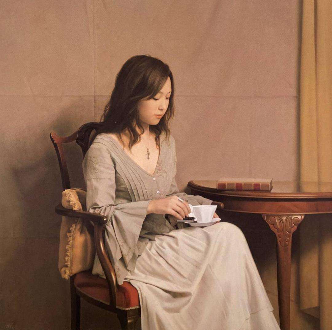 森本草介、【コーヒータイム】、希少な額装用画集画、新品高級額 額装付