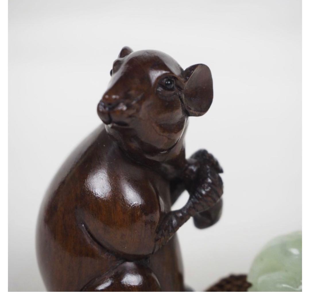 送料無料 緑檀根付 鼠 緒締め玉付 提げ物 在銘