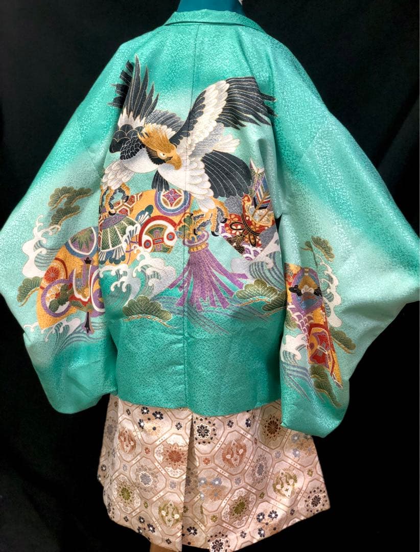 七五三 3歳　小柄　5歳　男の子　エメラルドグリーン　羽織　着物　袴　セット 七五三 男の子 着物 フルセット 3歳 5歳 数5歳 7歳 羽織 袴 オリジナル