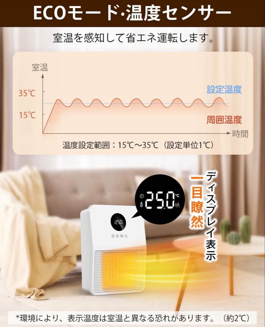壁掛けヒーター 人感センサー付き セラミックヒーター ホワイト