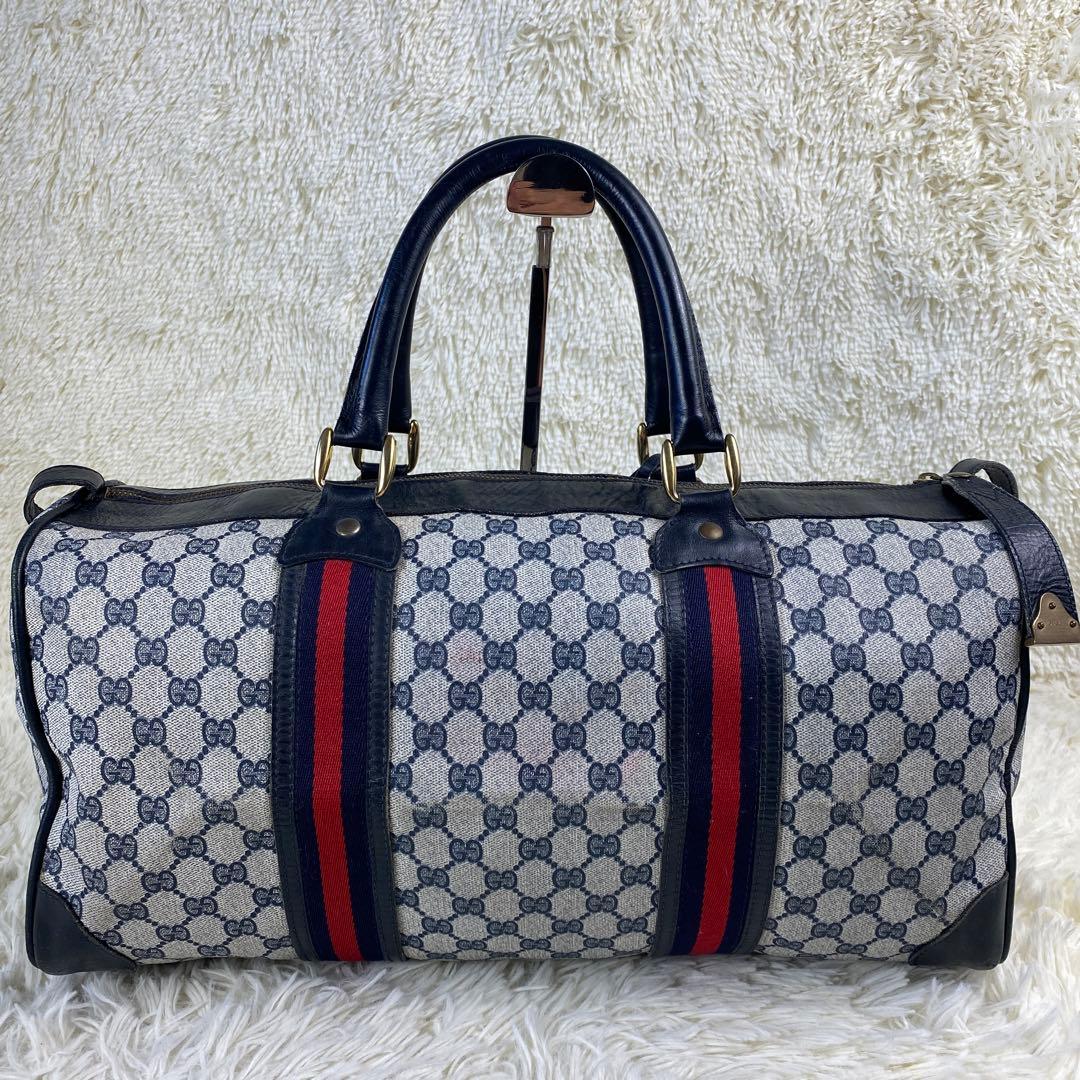 オールドグッチ ボストンバッグ ネイビー 紺 レザー PVC 大容量 ハンド