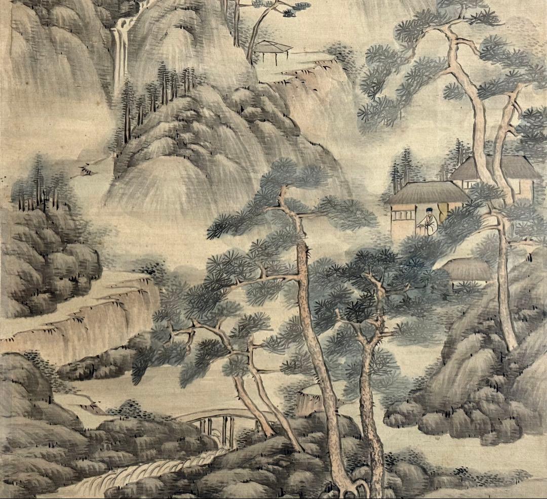 釧雲泉浅絳山水 亀田鵬斎題詩 絹本肉筆 鑑定入 箱付 掛軸 送料込み