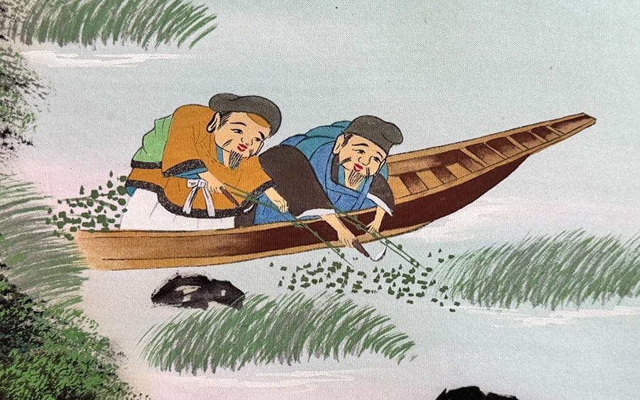 寿山 筆 招福山水画 掛軸 共箱 『 藻をかる 儲かる 』縁起物 金 財運