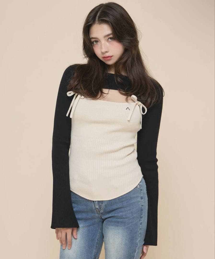 andmary Bebe ribbon set tops beige - メルカリ
