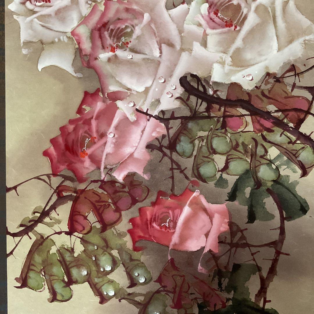 【 李 源 海 】 筆 絹本掛軸 彩色画 《 薔薇之図 》 軸先大理石