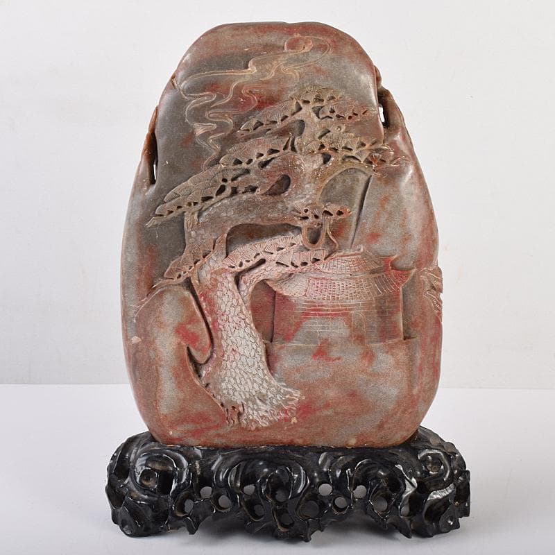 中国 玉石彫刻 鶏血石 山水人物刻 床飾 置物 唐木台付 F R7719B - メルカリ