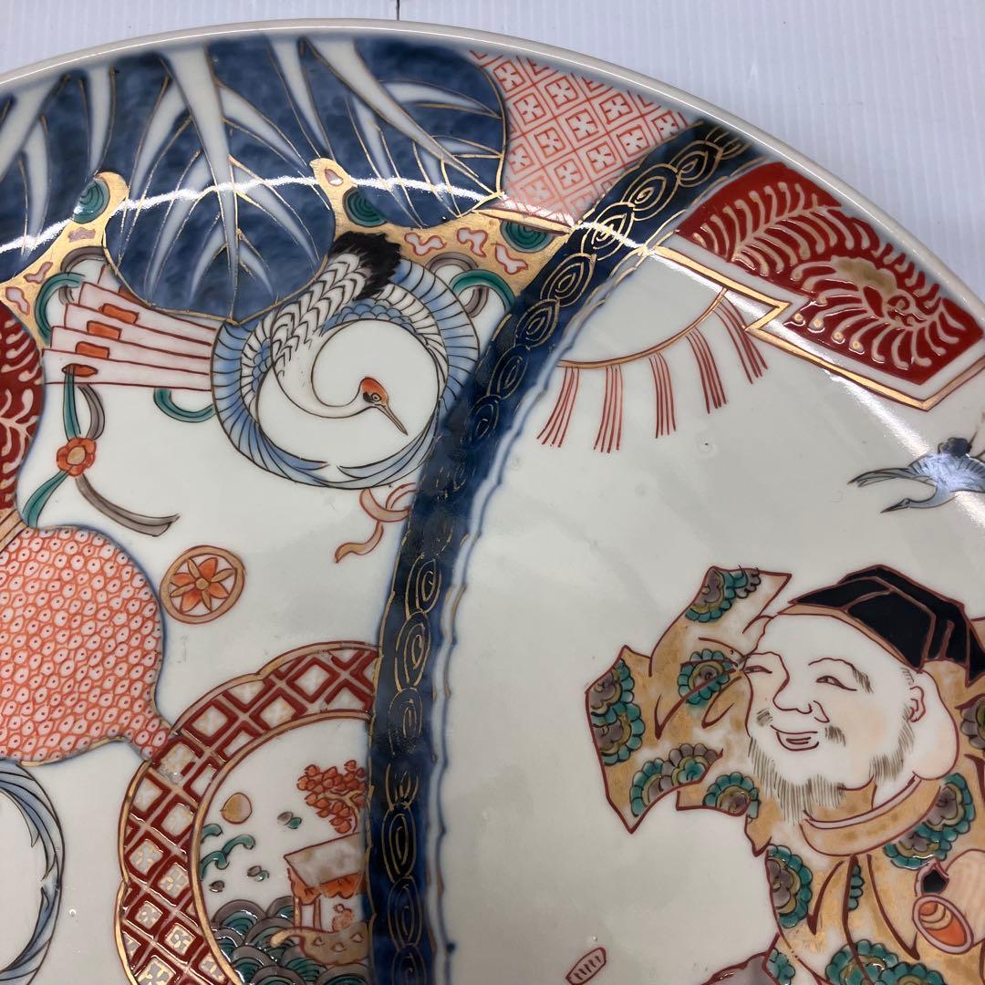 銘・角冨】古伊万里 金彩色絵 恵比寿・鶴文様 大皿 飾り皿 骨董品 尺一