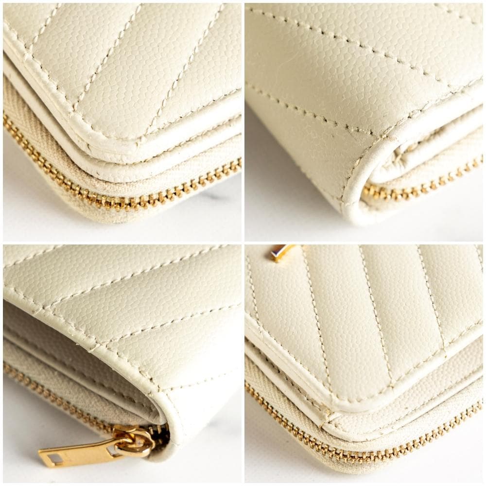 サンローラン キャビアスキン コンパクト 二つ折り 財布 ベージュ 金