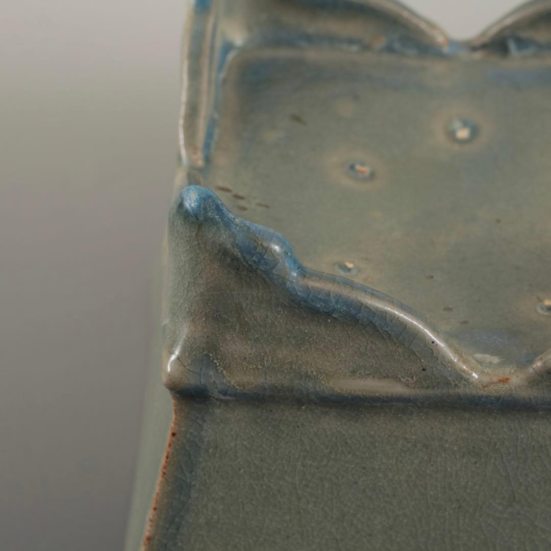 天晴釉 四方形 香炉 倣古 仿汝釉 清朝期？ 中国美術 青磁香炉 古美術