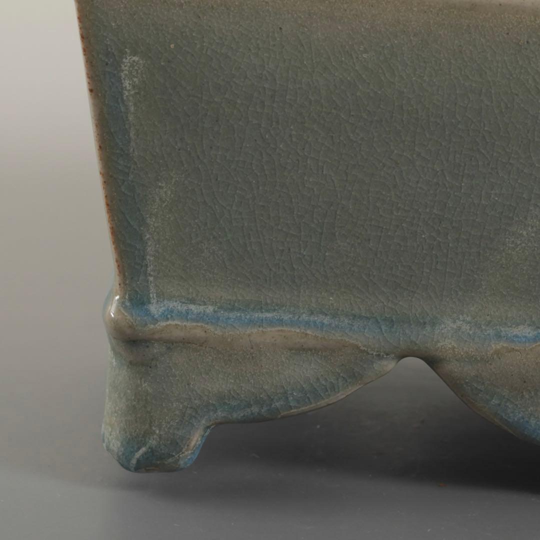 天晴釉 四方形 香炉 倣古 仿汝釉 清朝期？ 中国美術 青磁香炉 古美術