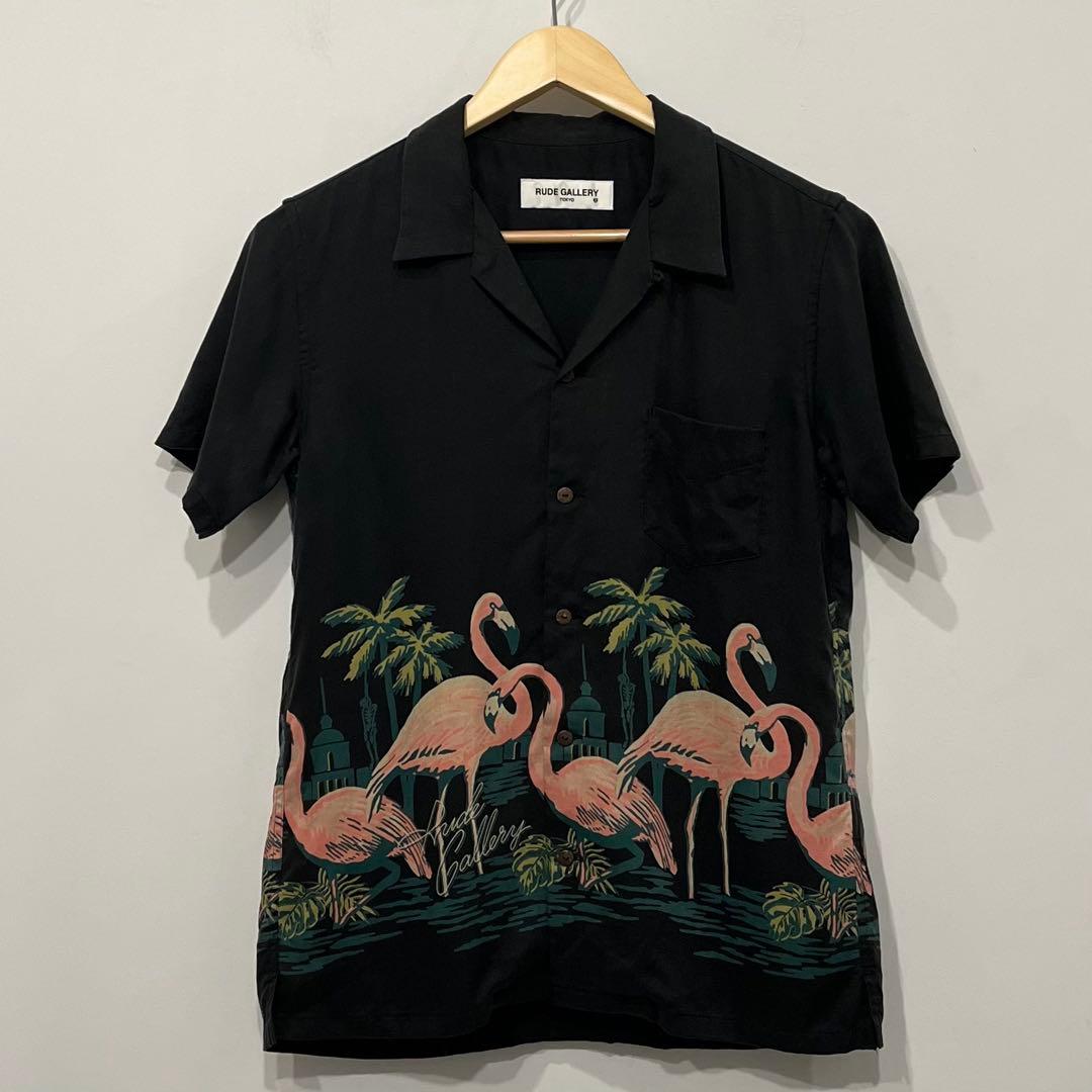 名作 ルードギャラリー フラミンゴ アロハ シャツ M ブラック レーヨン