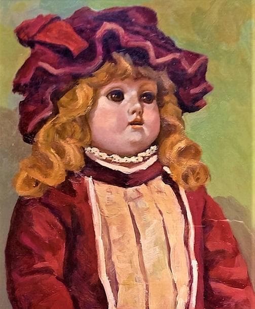 谷上信博 帽子の人形 西洋人形（ビスクドール）F４号 油絵 直筆サイン