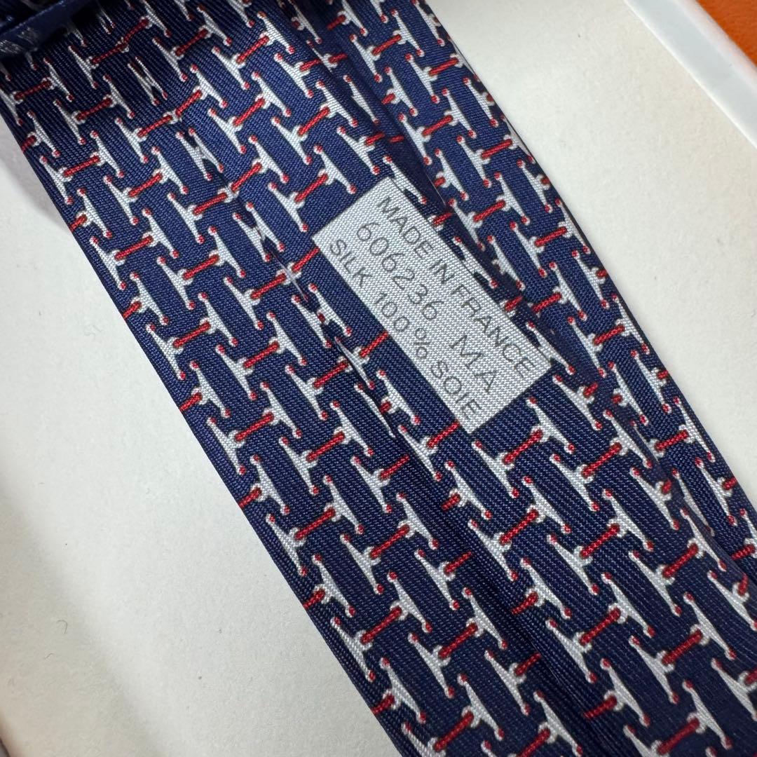 未使用 近年タグ HERMES エルメス H柄 馬具モチーフ ネクタイ ネイビー