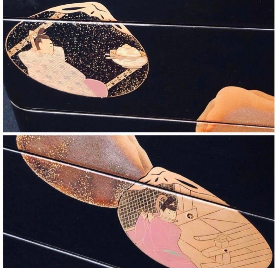 《レ》輪島塗 蒔絵付 黒内朱 三段重 【秀峰作】共箱　251030う2