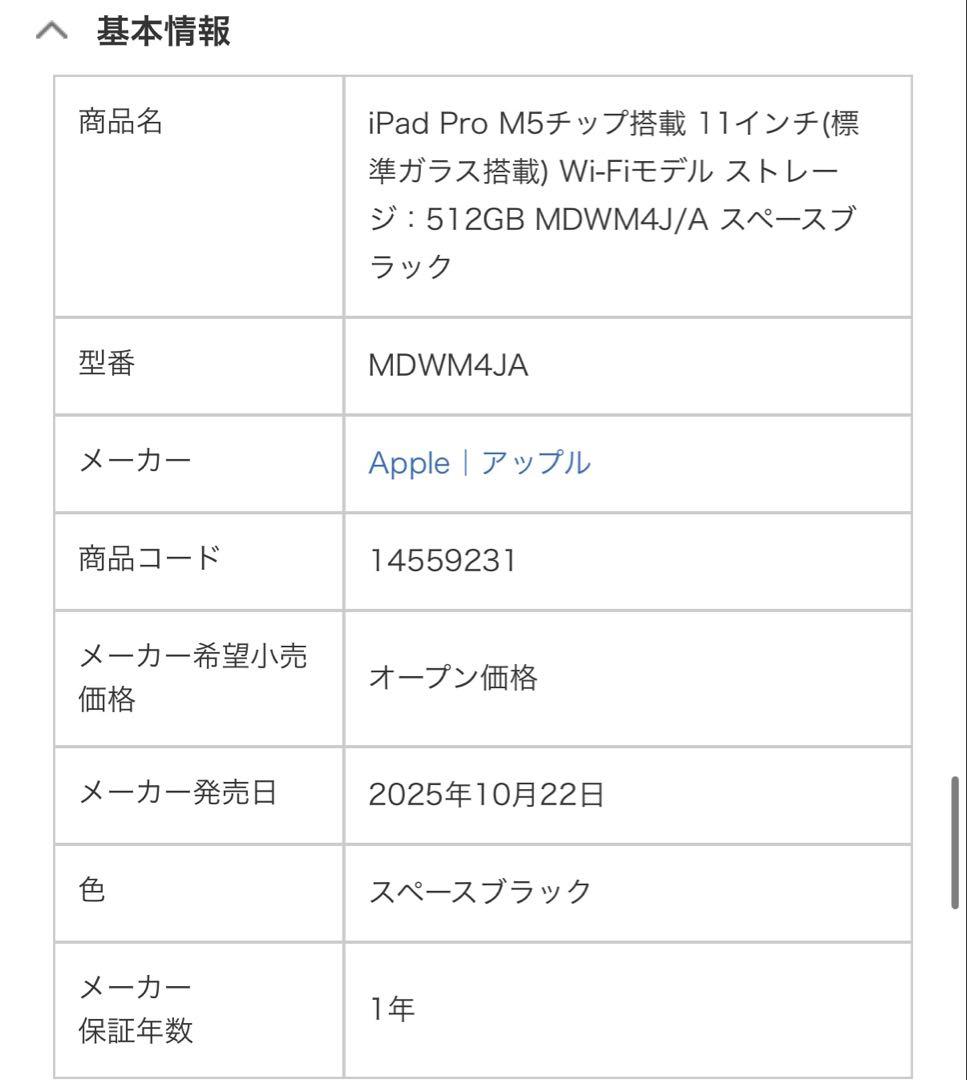 iPad Pro 11インチ (M5) 512GB wi-fiモデル 本体