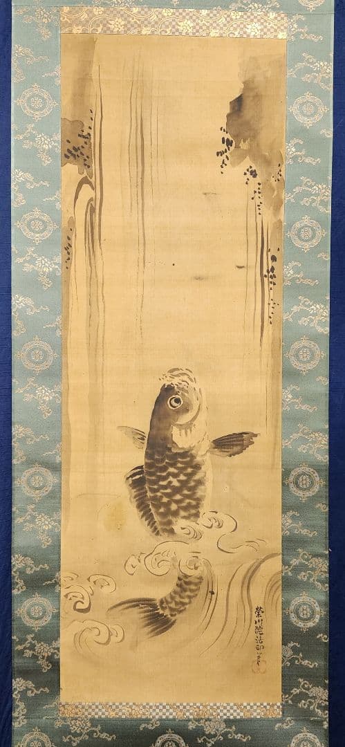 鯉の滝登り図】狩野栄川院典信 掛け軸 2643 狩野派江戸古画 昇龍 肉筆
