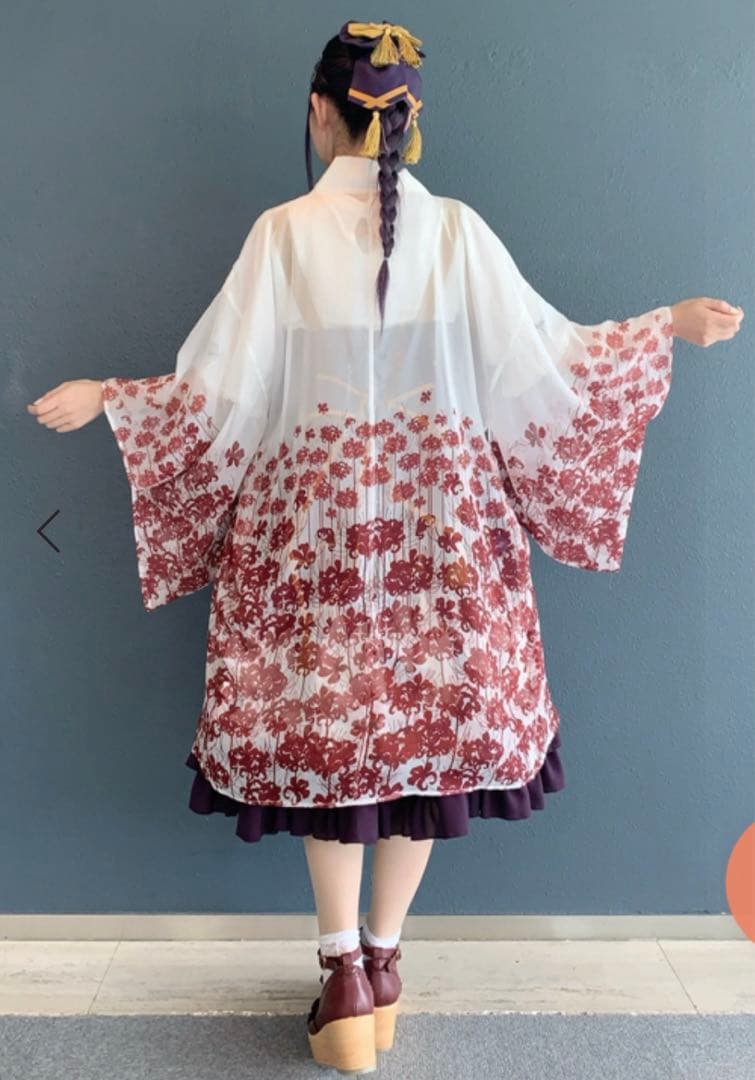 axes femme kawaii彼岸の白狐会柄彼岸花柄シアー着物風羽織（シロ