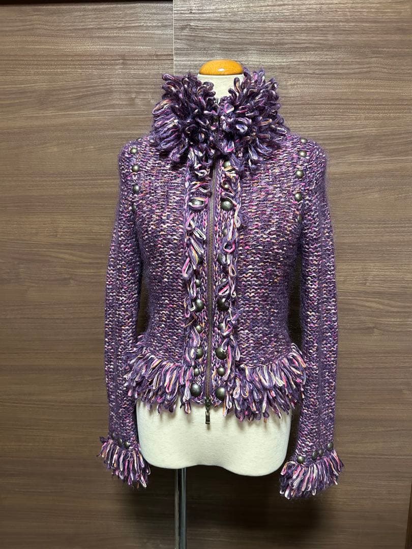 エポカ:紫色フリル モヘヤニットジャケット40 ジャギー 裏シャギーモヘア混メランジニットジャケット | 京都通販ミセスの