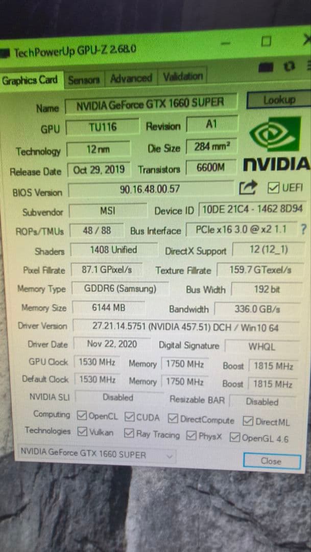 ジャンク MSI GTX 1660 SUPER AERO 6G動作確認済み