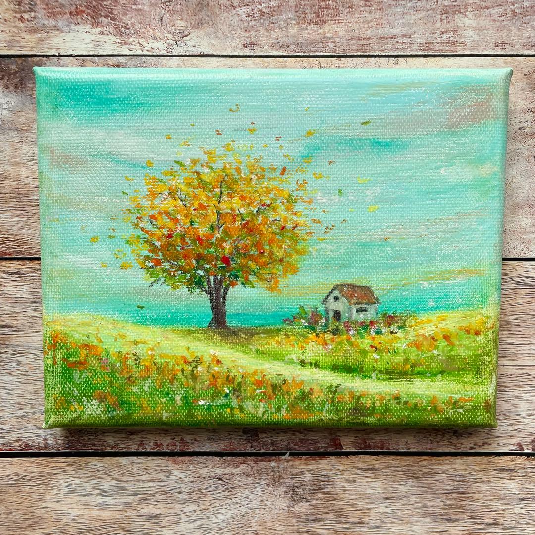 オイルパステル画 ミントグリーンの空と優しい秋の風景 キャンバス