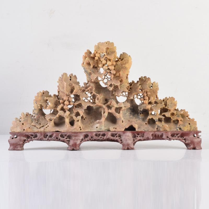 中国 玉石蝋石青田石 楼閣山水雕 床飾 置物 C 6952A 👕