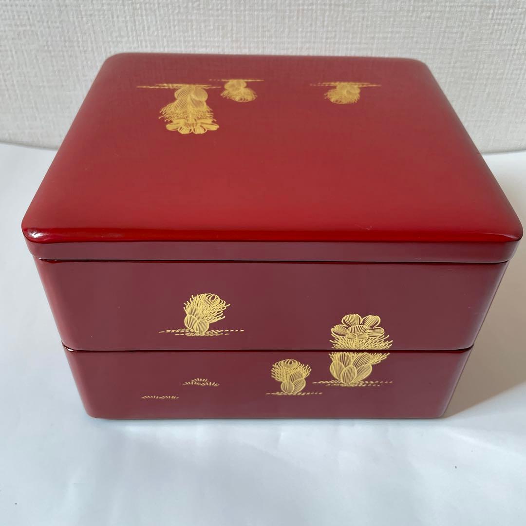 秋田伝統工芸品 川連漆器 2段重箱 赤色 沈金模様 漆塗り 手塗り 訳あり