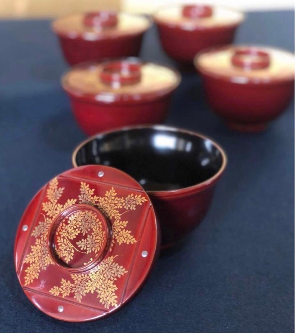 《レ》元禄形 溜塗 蒔絵付 吸物椀5客 木製漆器 木箱 251113え1