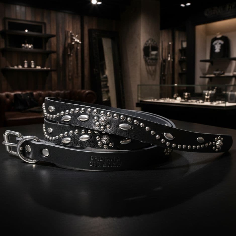 フラワー銀□本革レザーフルスタッズナローベルト☆アメカジ古着