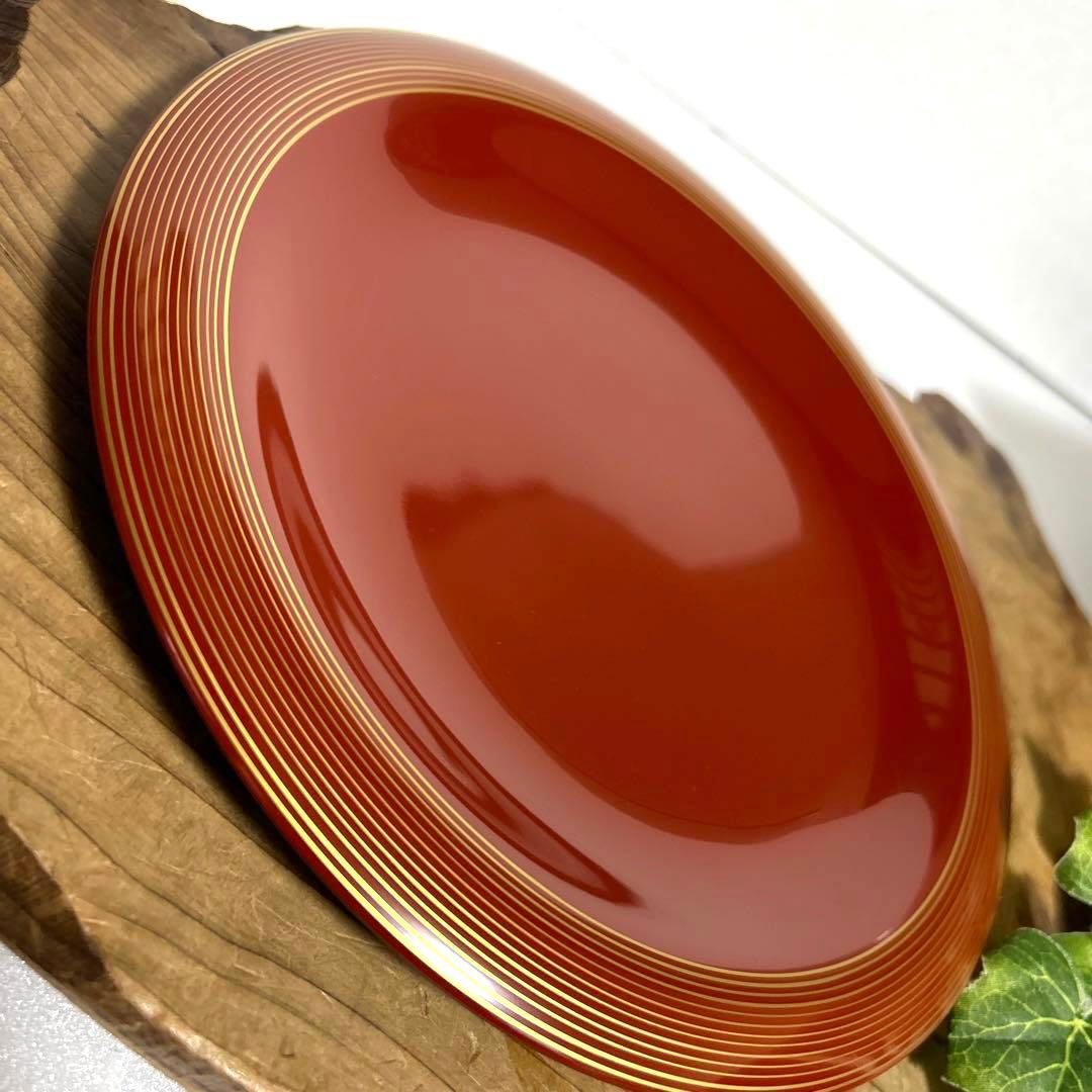 新品 京都老舗漆器 平安象彦 天然木塗 朱塗 金線菓子盆 金線茶托5枚 和