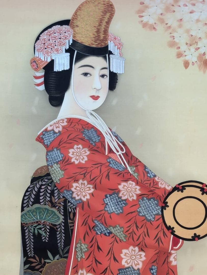 真作】掛軸 艶やか美人画 花魁図 桜と花魁の華やぎ 二重箱入（合箱