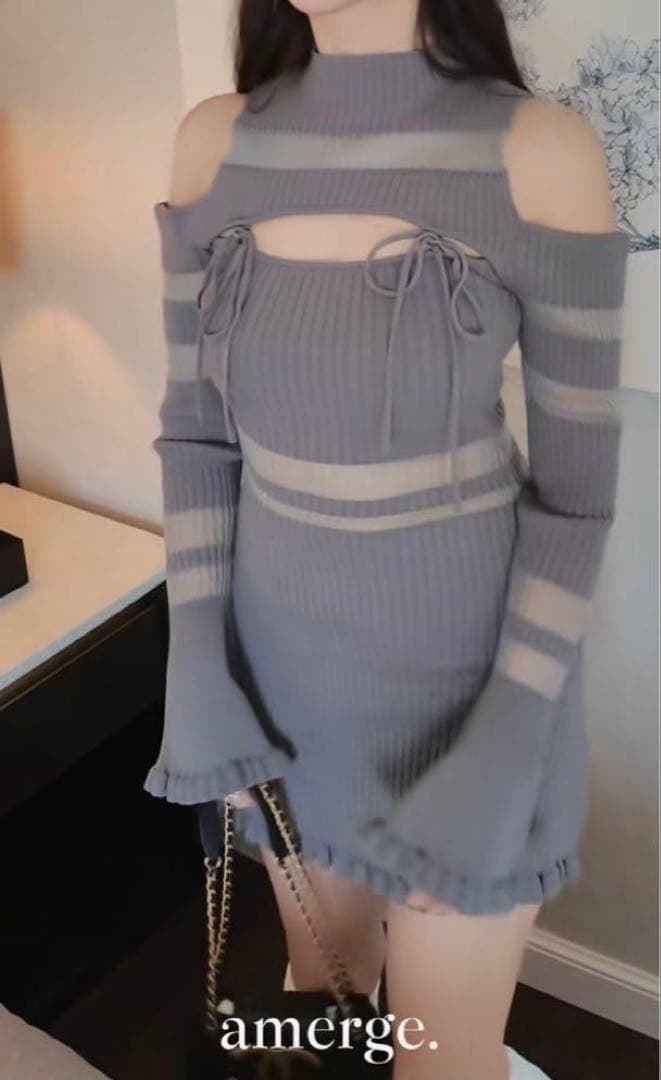 amerge シアーリボン フェミニンリブニットワンピース グレー フェザー襟リブニットワンピース｜INGNI(イング) 公式通販｜INGNI STORE