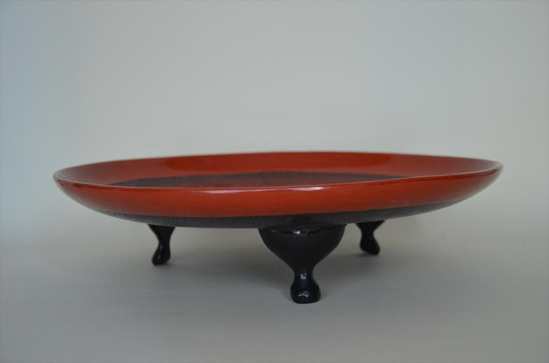 江戸末期 朱塗 拭漆 脚付 盆 骨董品 アンティーク