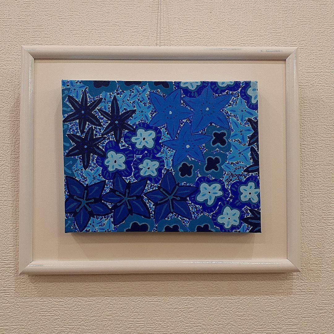 青だらけの花の作品　F0号作品　最新作！　画家　小楠アキコ作品　アクリル絵の具 青だらけの花の作品 抽象画 キャンバスアート 25×25cm 画家 小楠アキコ