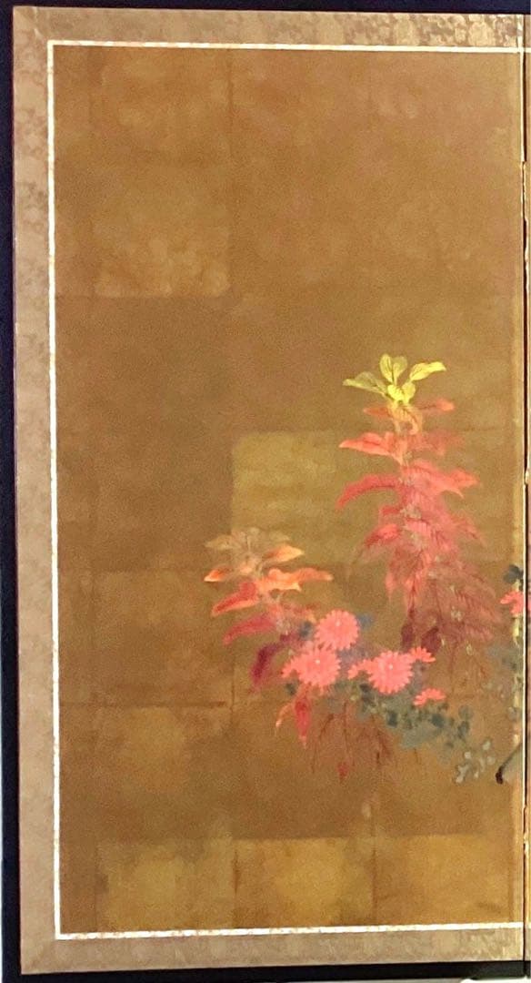 四つ折り屏風 日本画 金箔彩色 『菊にツワブキ』