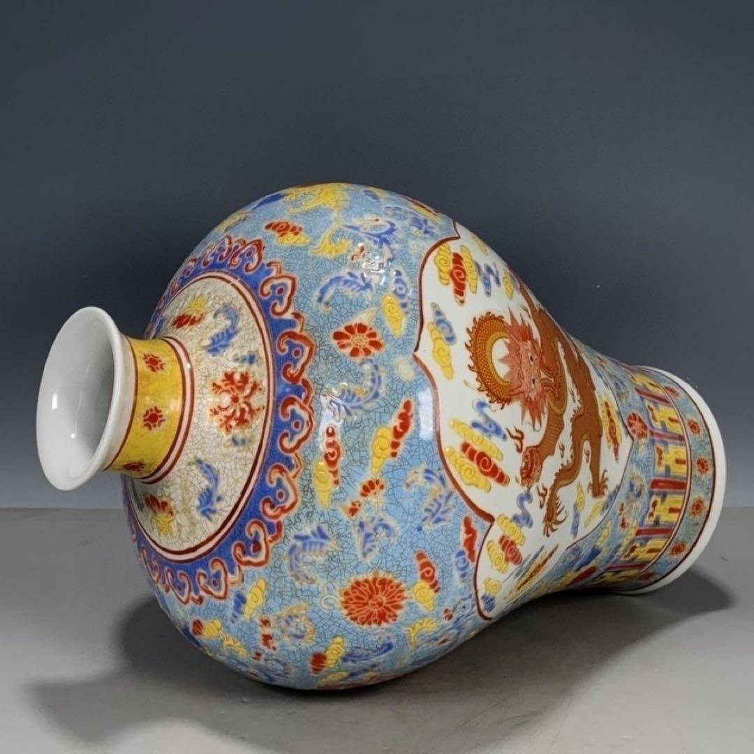 中国古美術・旧蔵粉彩 紫釉浮彫 開運龍紋瓶・置物・極細