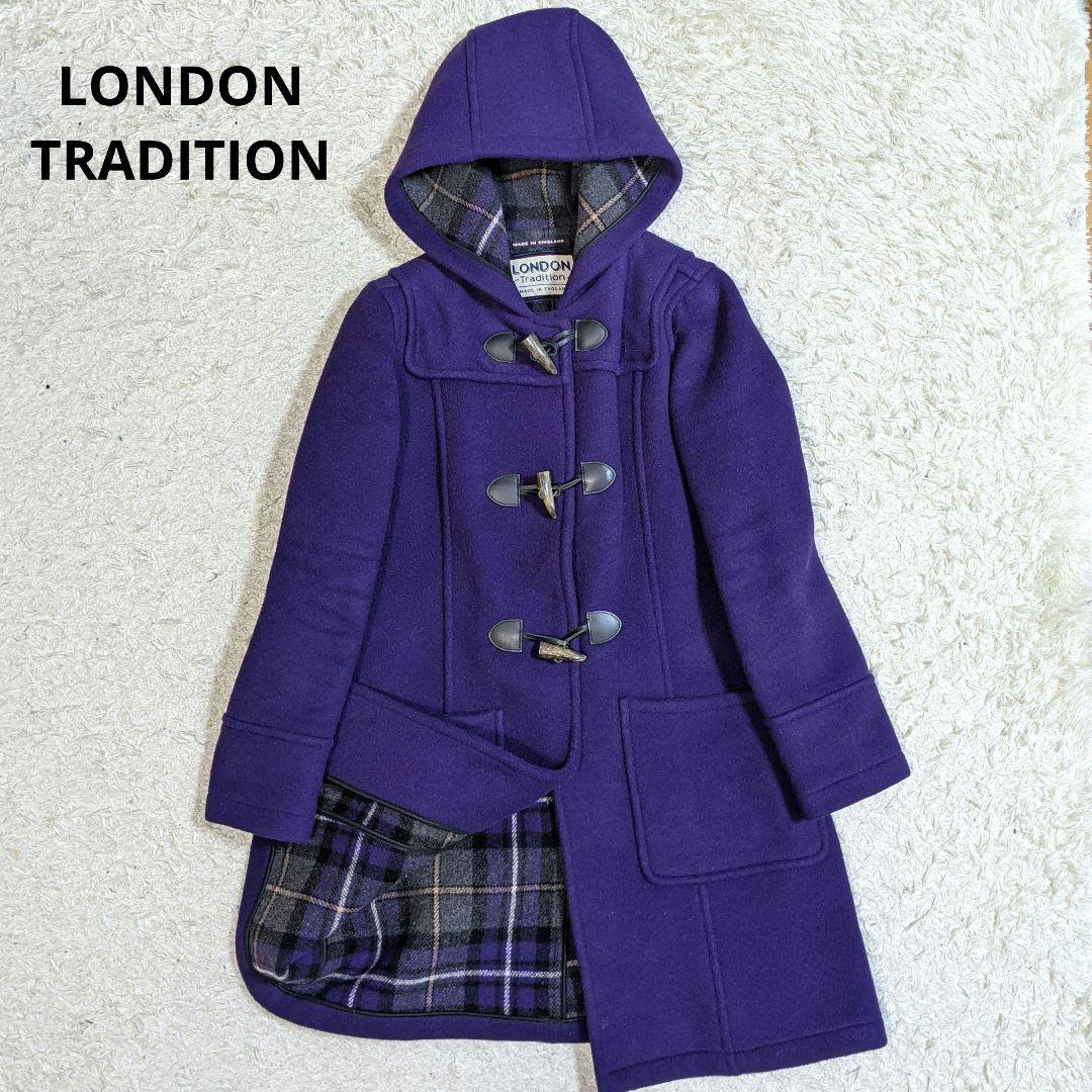 希少ロンドントラディションロングダッフルコートチェック柄パープル紫