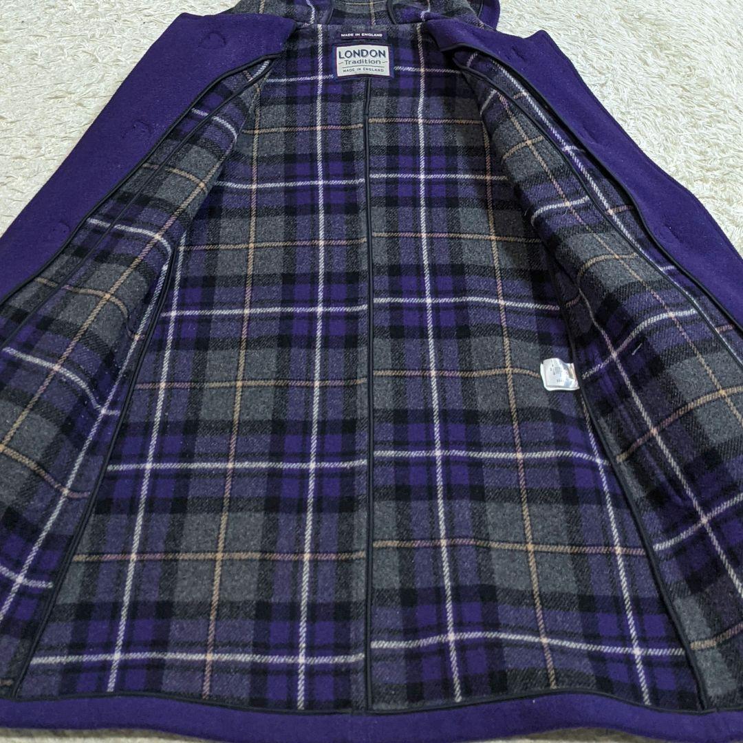 希少ロンドントラディションロングダッフルコートチェック柄パープル紫