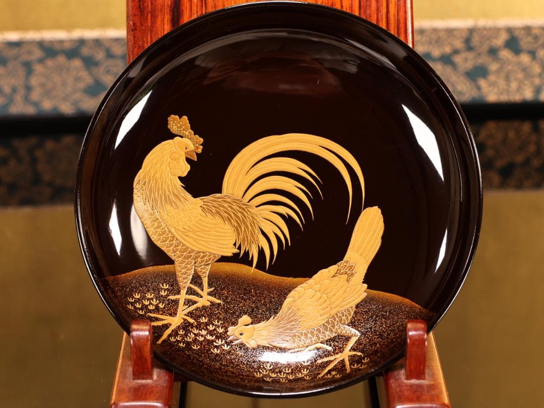 BK415 時代輪島塗 竹鶏図金蒔絵 吸物鶏 二客 木製 茶道具 懐石 会席