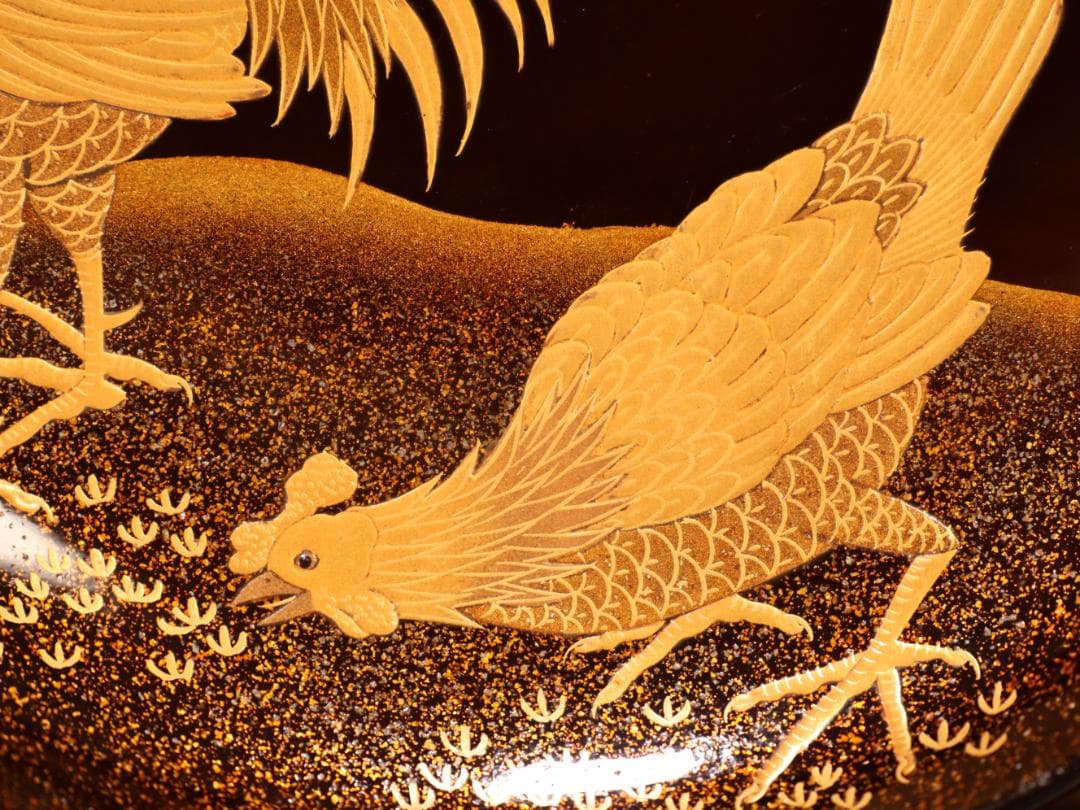 BK415 時代輪島塗 竹鶏図金蒔絵 吸物鶏 二客 木製 茶道具 懐石 会席