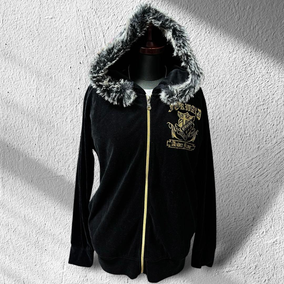 ✓00s 平成 ファー パーカー ベロア グランジ お兄系 ギャル y2k 黒金