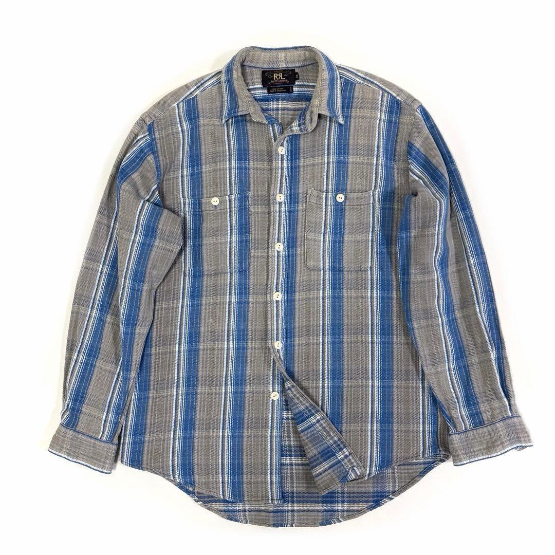 RRL ダブルアールエル 三つ星 長袖シャツ ストライプ ブルー グレー M