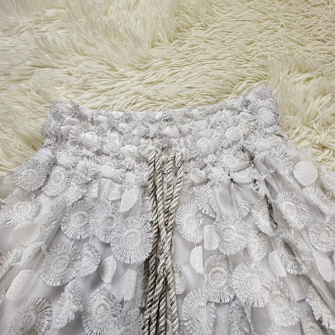 オブリ マーガレットドット刺繍 レース ホワイトフレアロングスカート